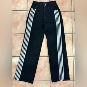 Straight Leg Women's Jeans with Silver Side Stripes - Black